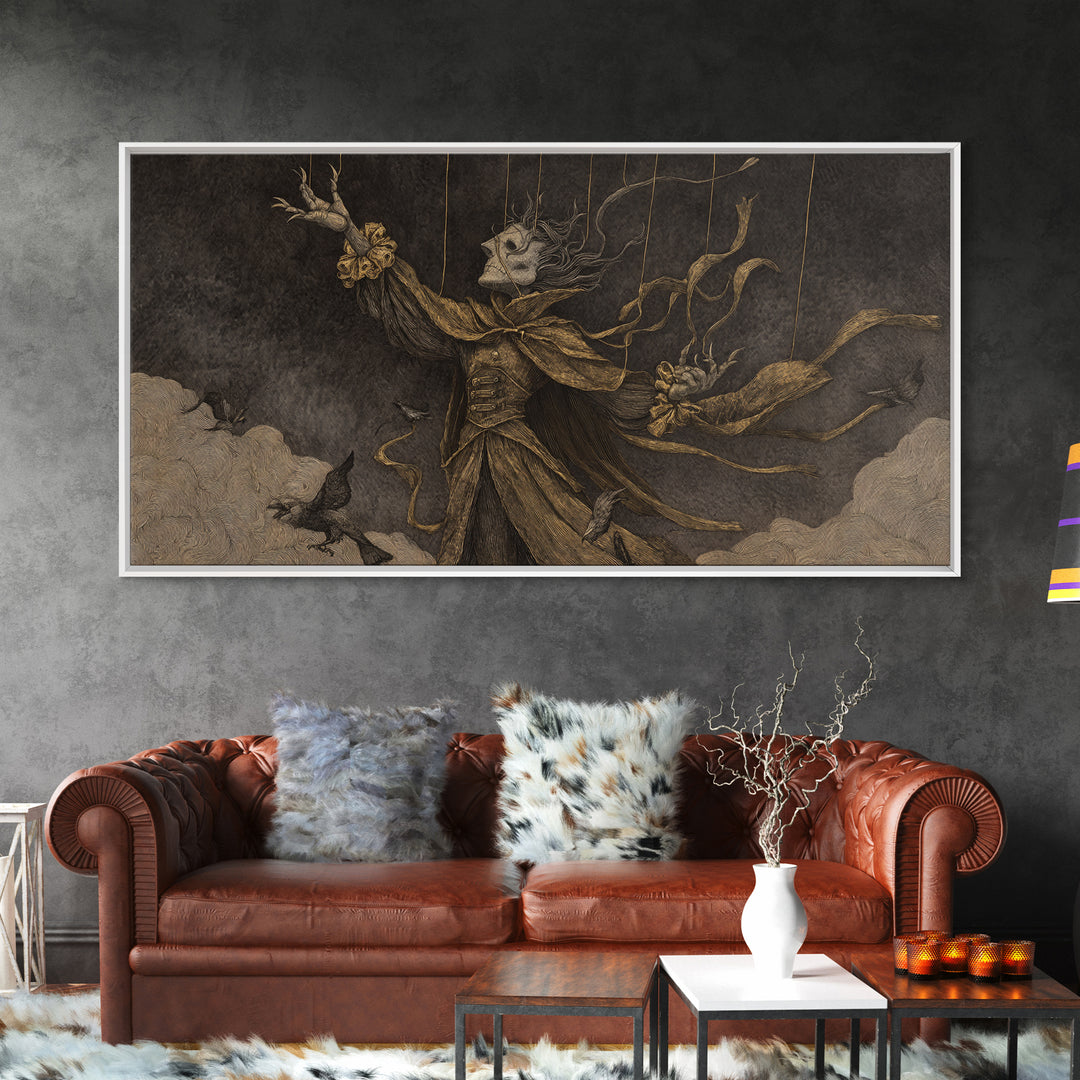 The Marionette Master, Expressionist Nightmare Art, Wide Panoramic Art, Dark Fantasy Wall Art, Canvas Print, Halloween Wall Art