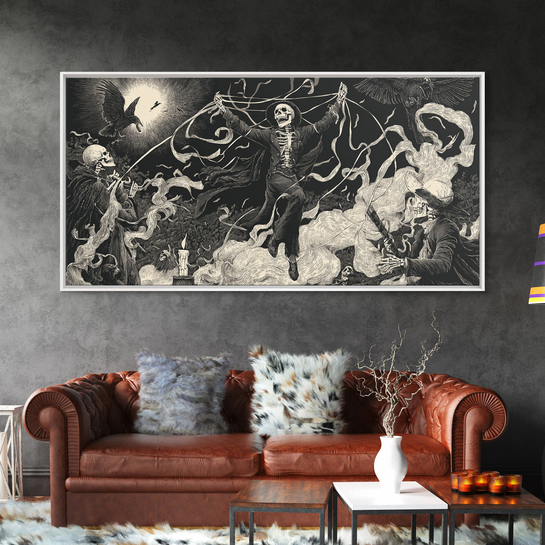 The Marionette Master, Macabre Folk Print Art, Wide Panoramic Art, Dark Halloween Decor, Framed Canvas Print, Halloween Wall Art