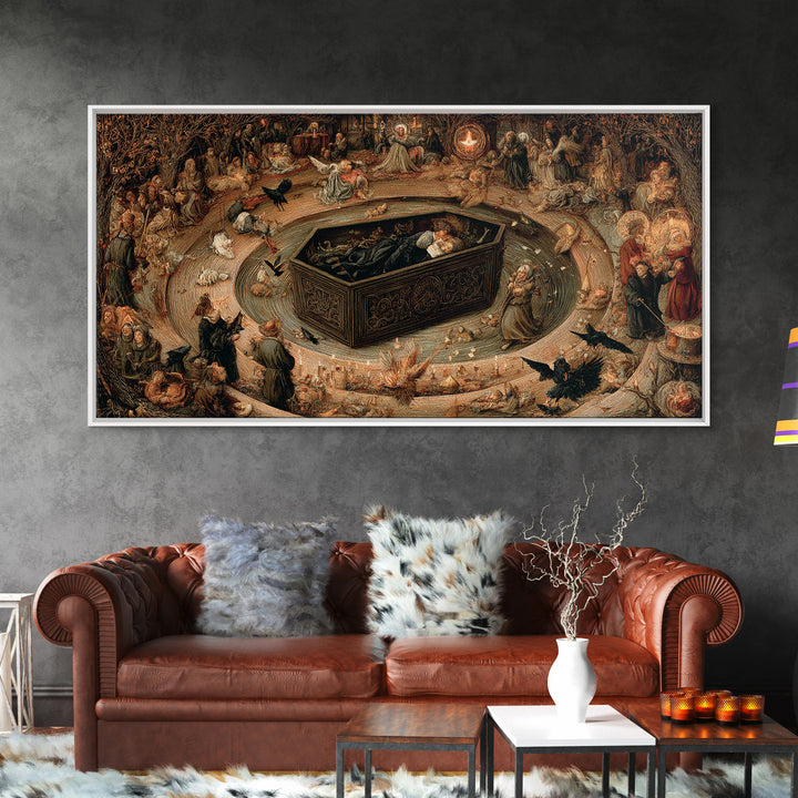 The Coffin Sleeper, Northern Renaissance Horror, Wide Panoramic Art, Dark Halloween Decor, Canvas Print, Halloween Wall Art