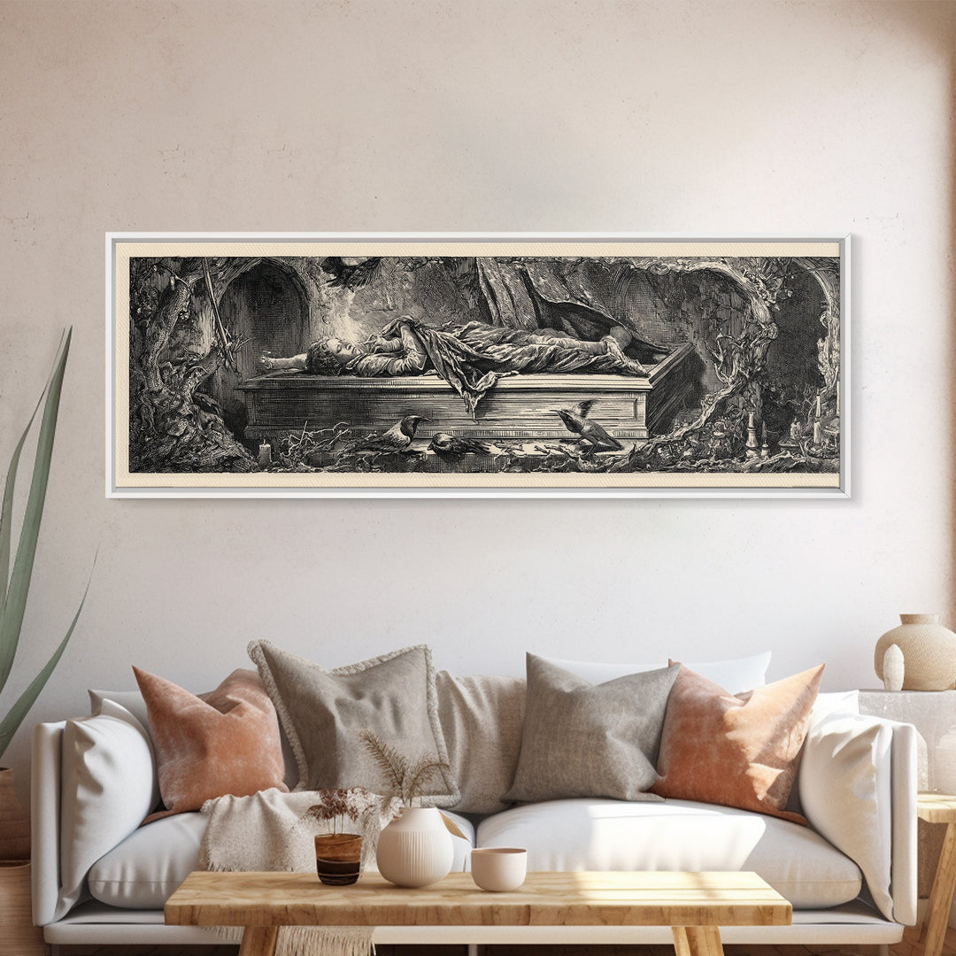 The Coffin Sleeper, Renaissance Engraving Art, Extra Wide Wall Art, Gothic Horror Wall Art, Canvas Print, Halloween Wall Art