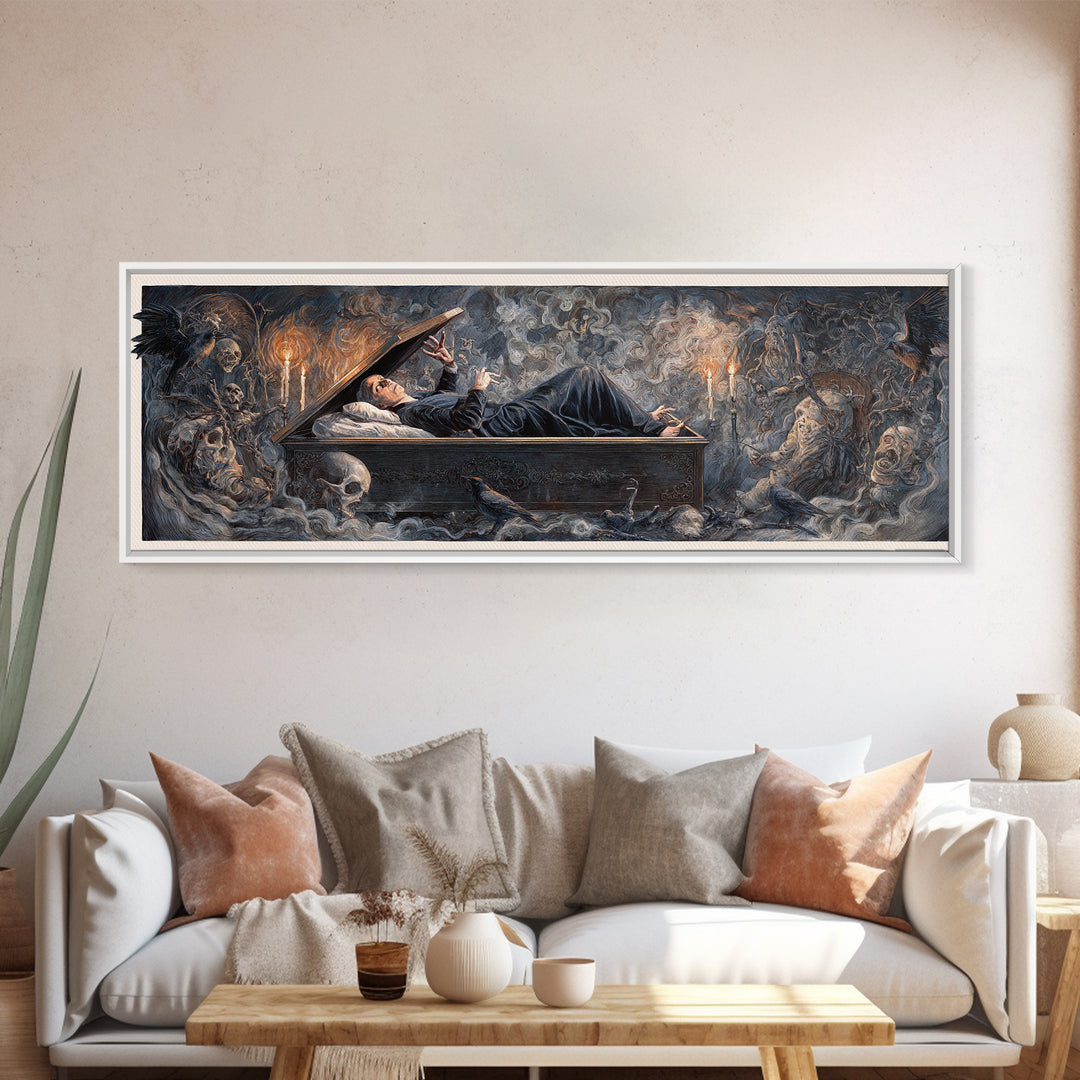 The Coffin Sleeper, Gothic Nightmare Art, Extra Wide Wall Art, Dark Halloween Decor, Canvas Print, Halloween Wall Art