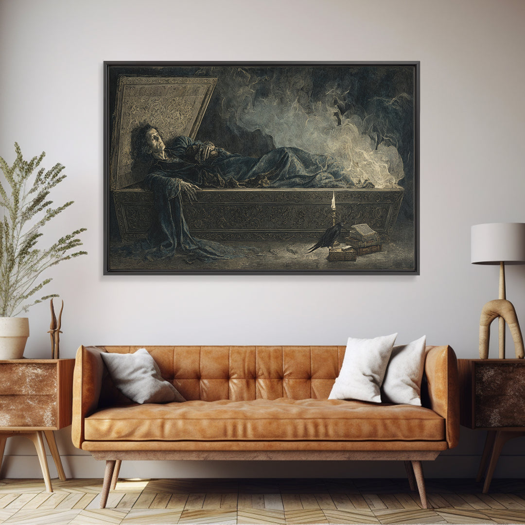 The Coffin Sleeper, Visionary Gothic Art, Wide Panoramic Art, Dark Fantasy Wall Art, Framed Canvas Print, Halloween Wall Art