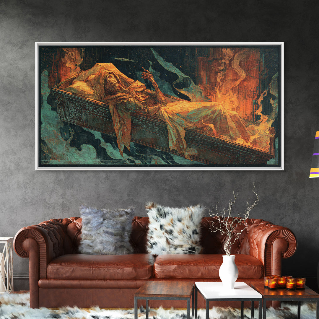 The Coffin Sleeper, Apocalyptic Romantic Art, Wide Panoramic Art, Dark Halloween Decor, Canvas Print, Halloween Wall Art, Dark Fantasy Art