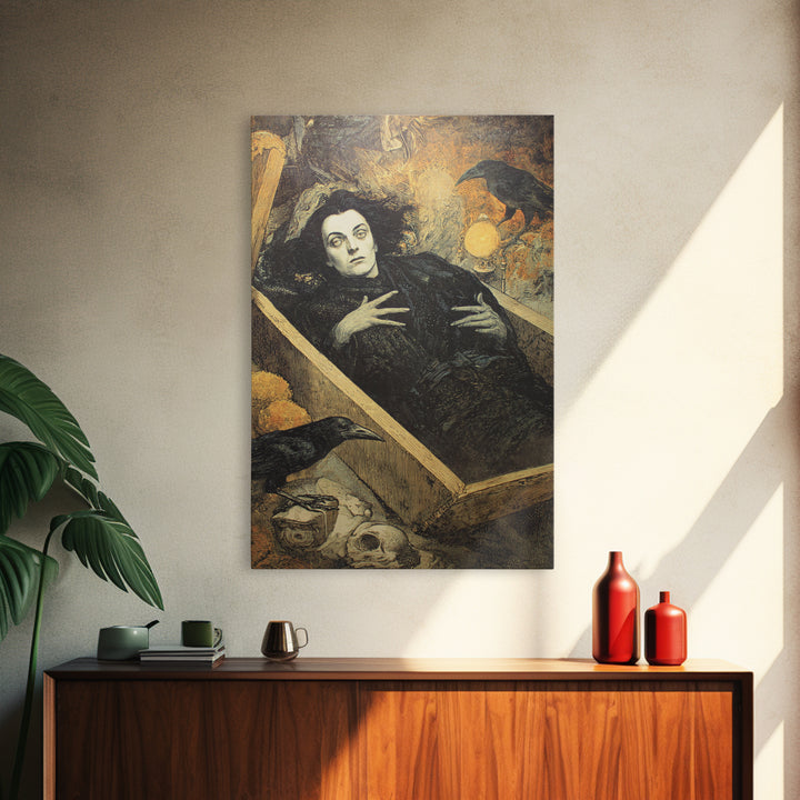 The Coffin Sleeper, Symbolist Etching Art, Vertical Wall Art, Gothic Horror Wall Art, Framed Canvas Print, Halloween Wall Art