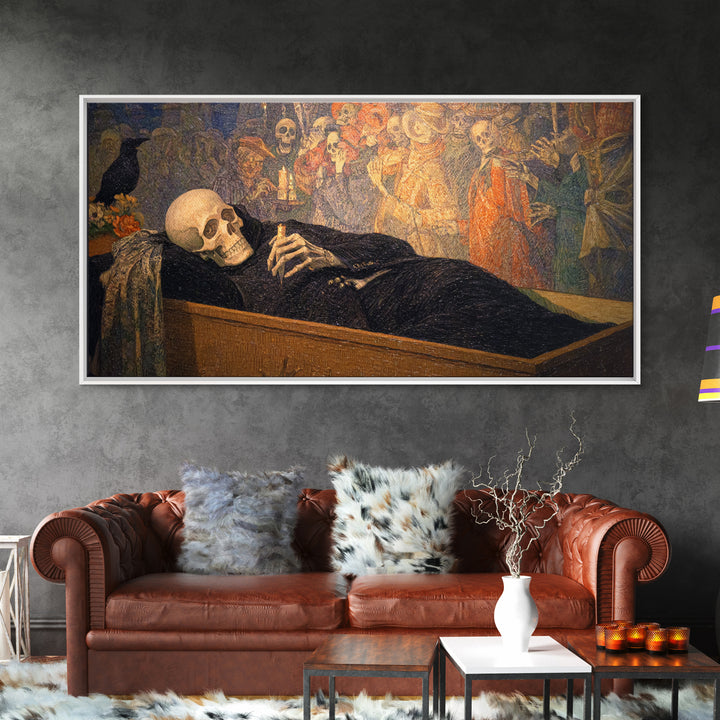 The Coffin Sleeper, Grotesque Carnival Art, Wide Panoramic Art, Dark Halloween Decor, Framed Canvas Print, Halloween Wall Art