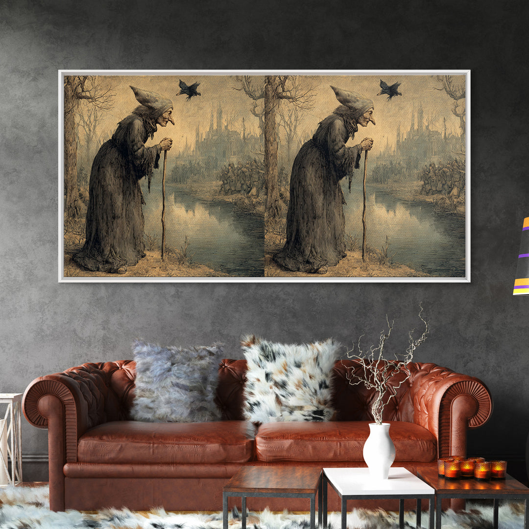 The Swamp Witch, Northern Renaissance Horror, Wide Panoramic Art, Dark Halloween Decor, Canvas Print, Halloween Wall Art