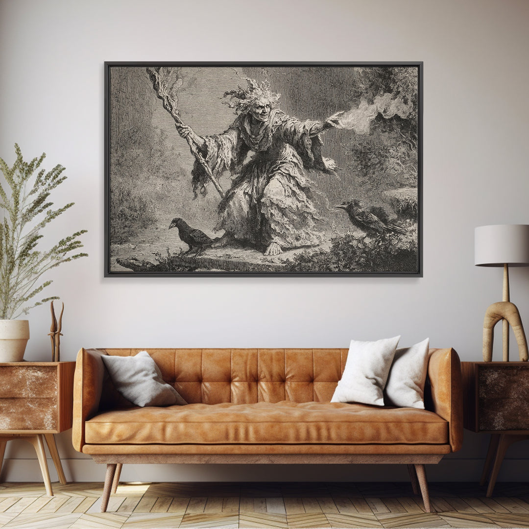 The Swamp Witch, Architectural Etching Art, Landscape Wall Art, Dark Halloween Decor, Canvas Print, Halloween Wall Art