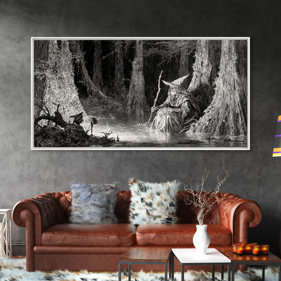 The Swamp Witch, Expressionist Nightmare Art, Wide Panoramic Art, Dark Fantasy Wall Art, Canvas Print, Halloween Wall Art, Dark Fantasy Art