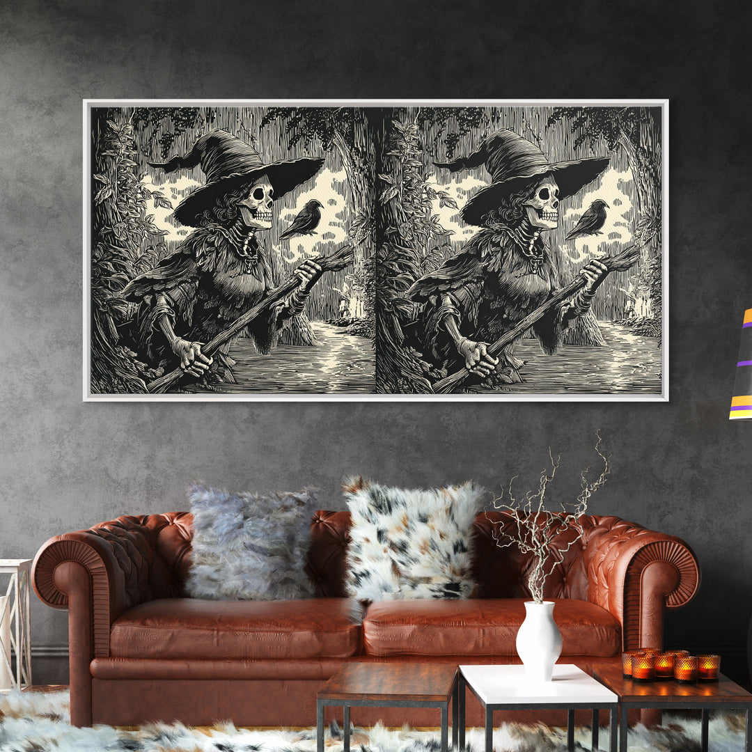 The Swamp Witch, Macabre Folk Print Art, Wide Panoramic Art, Dark Fantasy Wall Art, Canvas Print, Halloween Wall Art