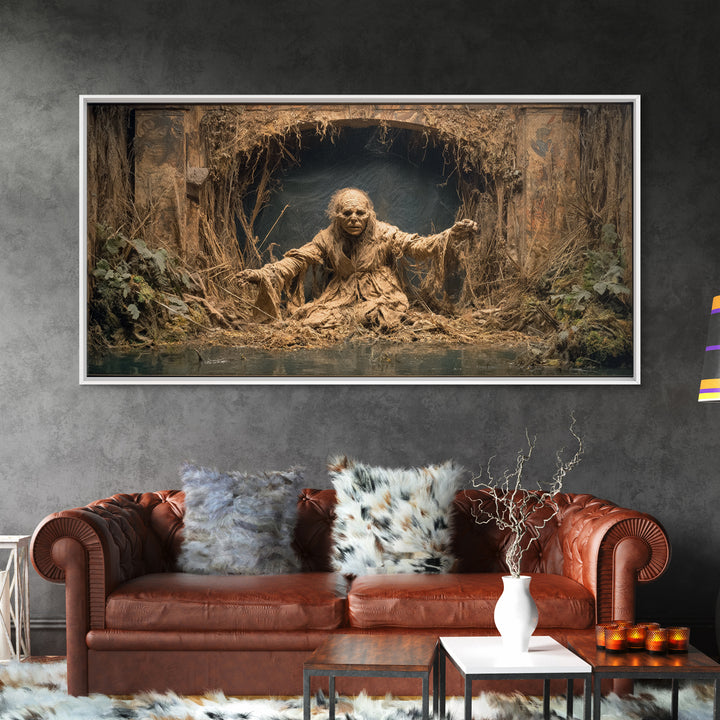 The Bog Mummy, Northern Renaissance Horror, Wide Panoramic Art, Dark Halloween Decor, Canvas Print, Halloween Wall Art