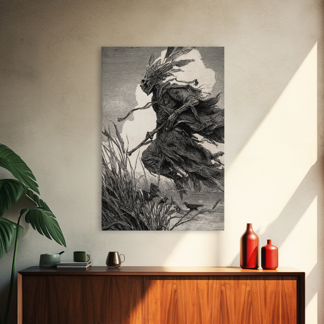 The Bog Mummy, Renaissance Engraving Art, Vertical Wall Art, Gothic Horror Wall Art, Framed Canvas Print, Halloween Wall Art