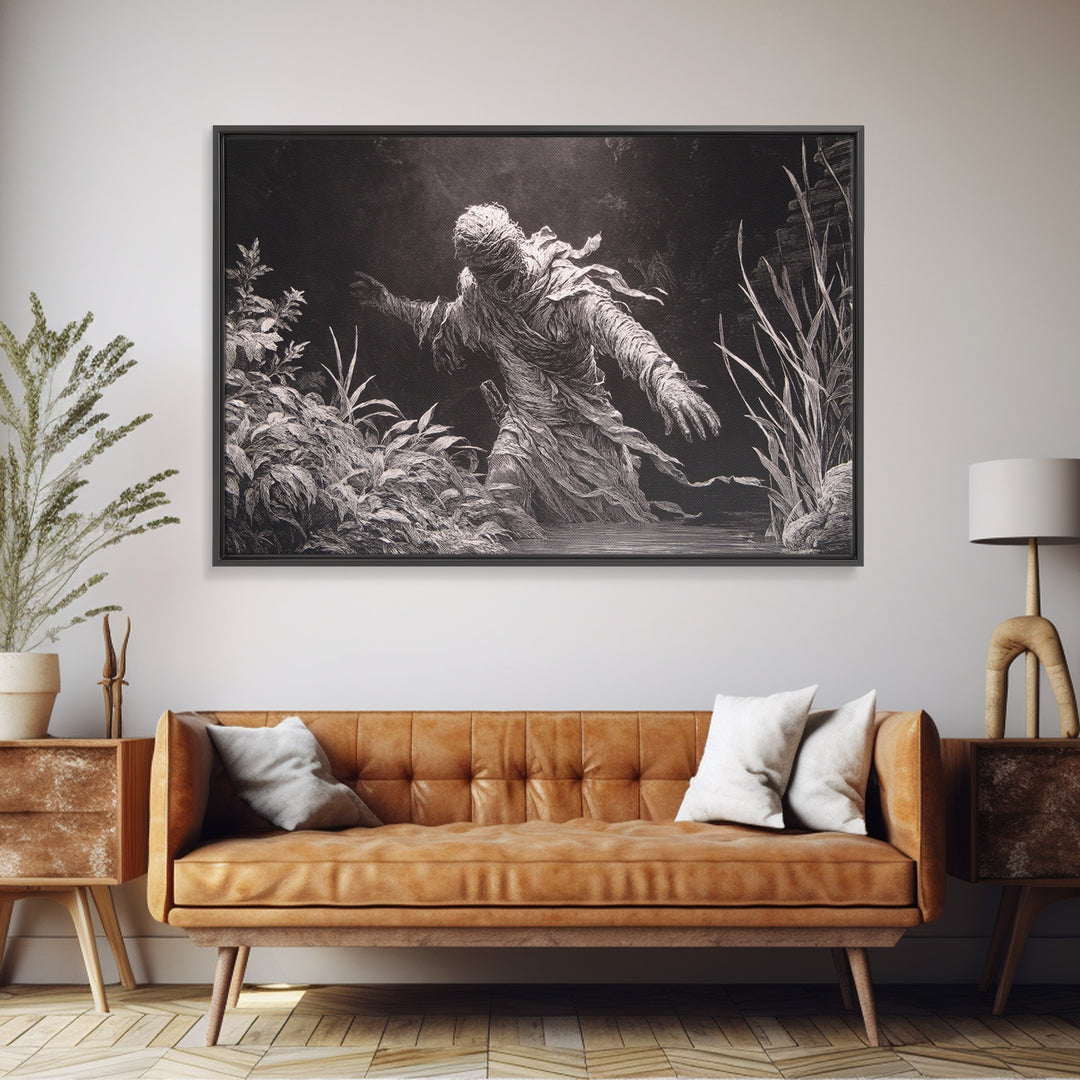 The Bog Mummy, Architectural Etching Art, Landscape Wall Art, Dark Halloween Decor, Framed Canvas Print, Halloween Wall Art