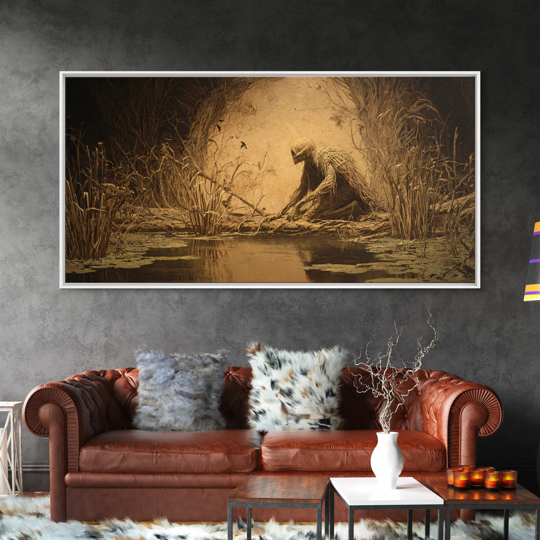 The Bog Mummy, Expressionist Nightmare Art, Wide Panoramic Art, Macabre Wall Art, Framed Canvas Print, Halloween Wall Art, Halloween Decor