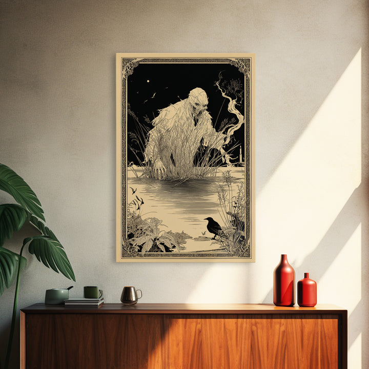 The Bog Mummy, Decadent Line Art, Vertical Wall Art, Dark Fantasy Wall Art, Framed Canvas Print, Halloween Wall Art