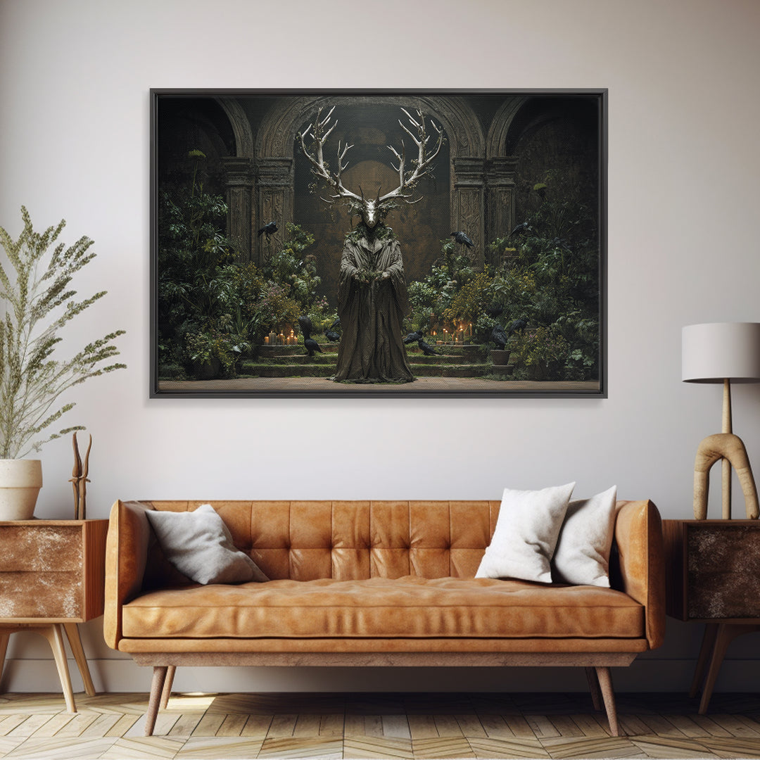 The Antlered Forest Spirit, Medieval Grotesque Art, Landscape Wall Art, Dark Halloween Decor, Canvas Print, Halloween Wall Art