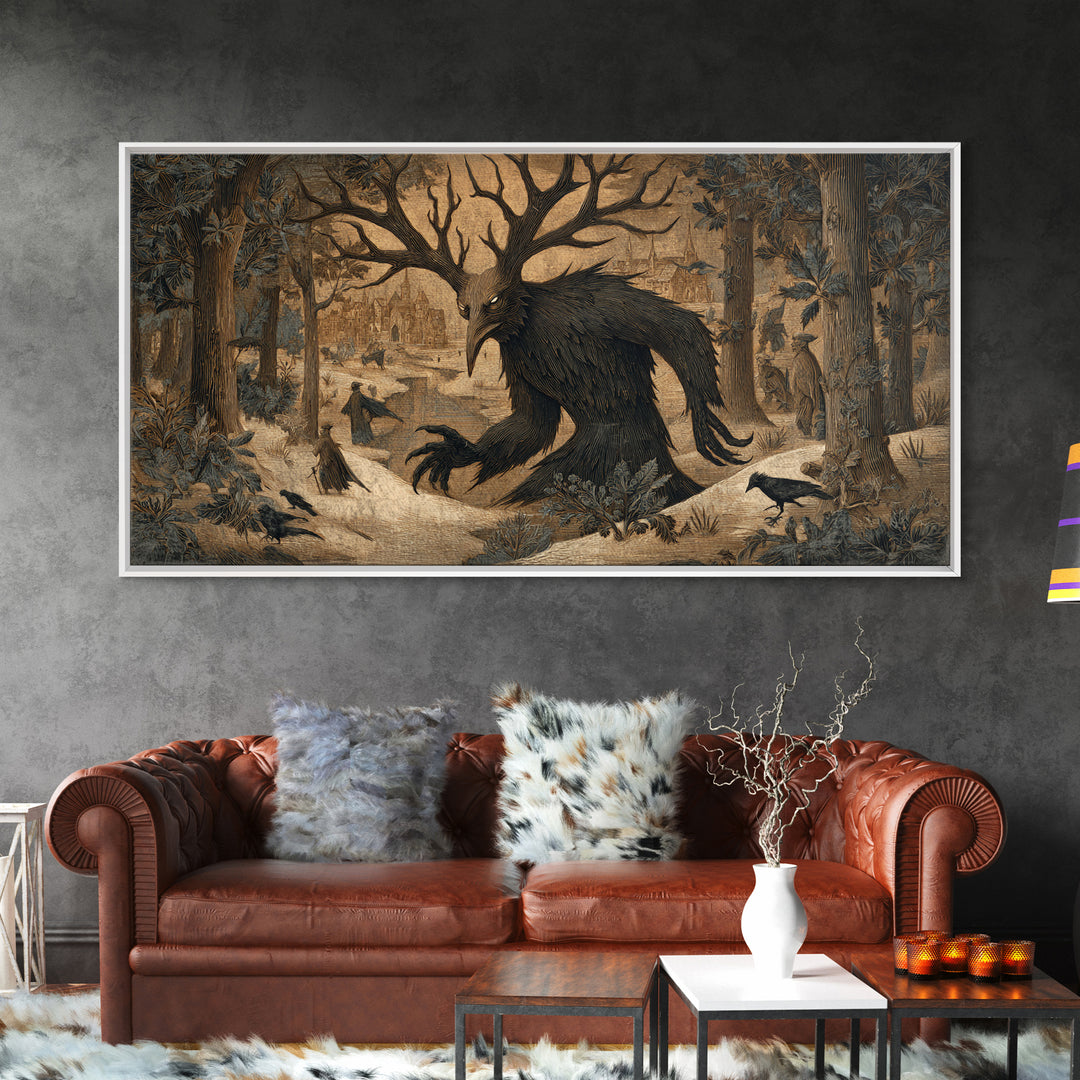 The Antlered Forest Spirit, Northern Renaissance Horror, Wide Panoramic Art, Macabre Wall Art, Canvas Print, Halloween Wall Art