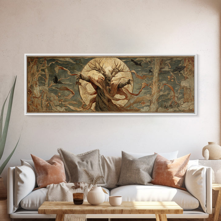 The Antlered Forest Spirit, Dark Renaissance Art, Extra Wide Wall Art, Macabre Wall Art, Canvas Print, Halloween Wall Art