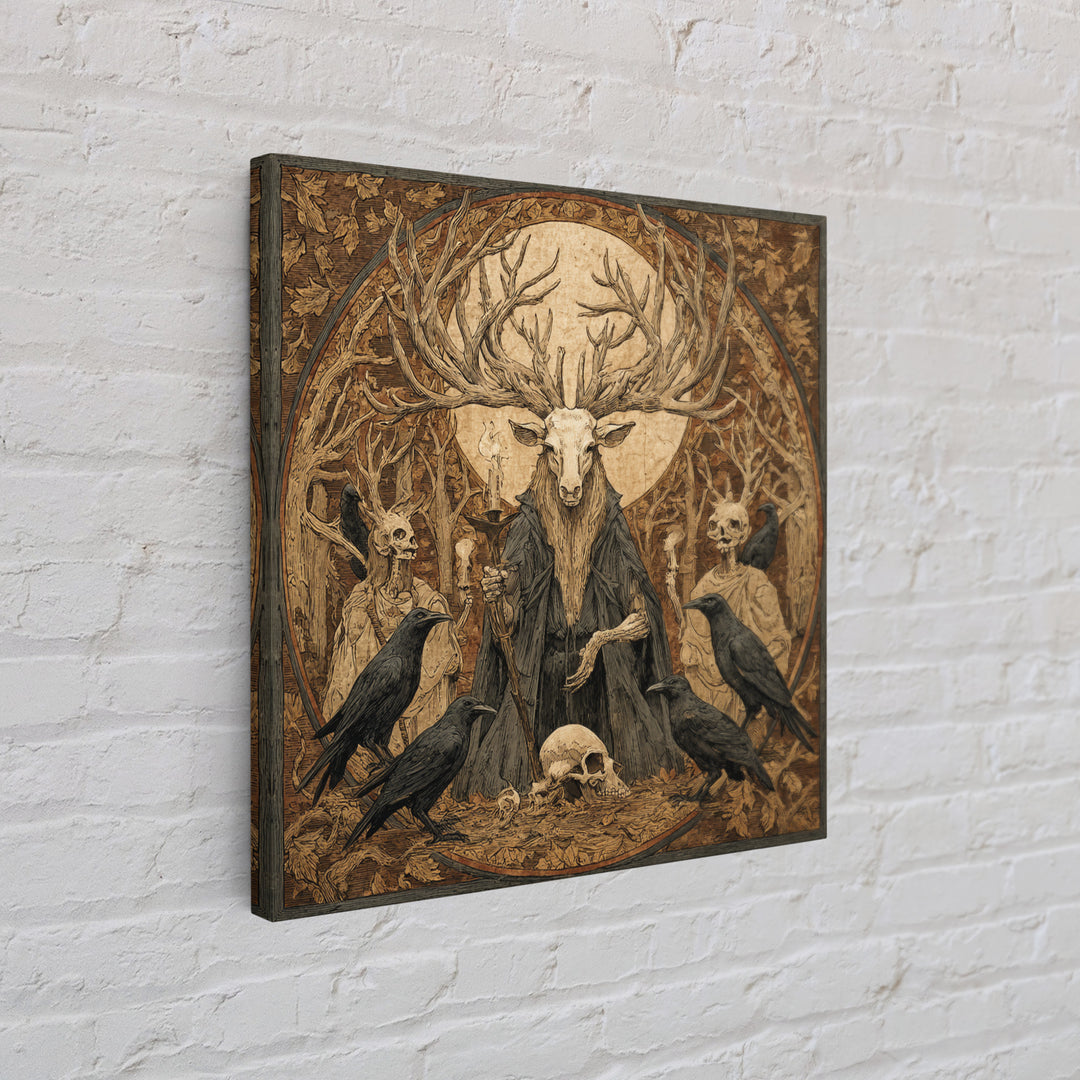 The Antlered Forest Spirit, Danse Macabre Art, Square Wall Art, Dark Halloween Decor, Framed Canvas Print