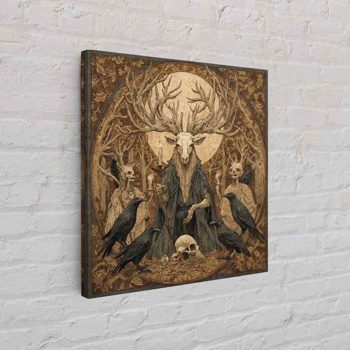 The Antlered Forest Spirit, Danse Macabre Art, Square Wall Art, Dark Halloween Decor, Framed Canvas Print