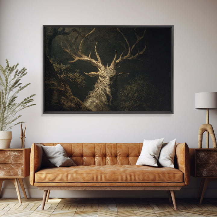 The Antlered Forest Spirit, Baroque Witchcraft Art, Landscape Wall Art, Macabre Wall Art, Framed Canvas Print, Halloween Wall Art