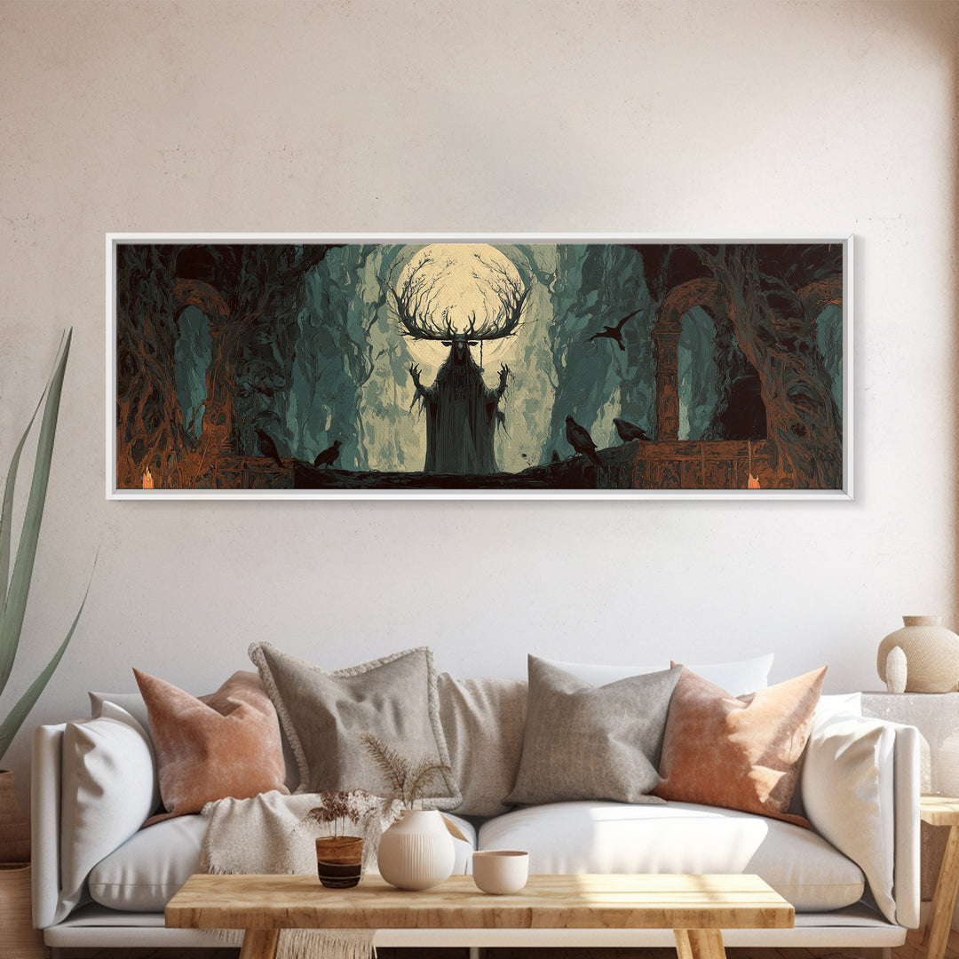 The Antlered Forest Spirit, Dark Romantic Horror Art, Extra Wide Wall Art, Dark Halloween Decor, Canvas Print, Halloween Wall Art