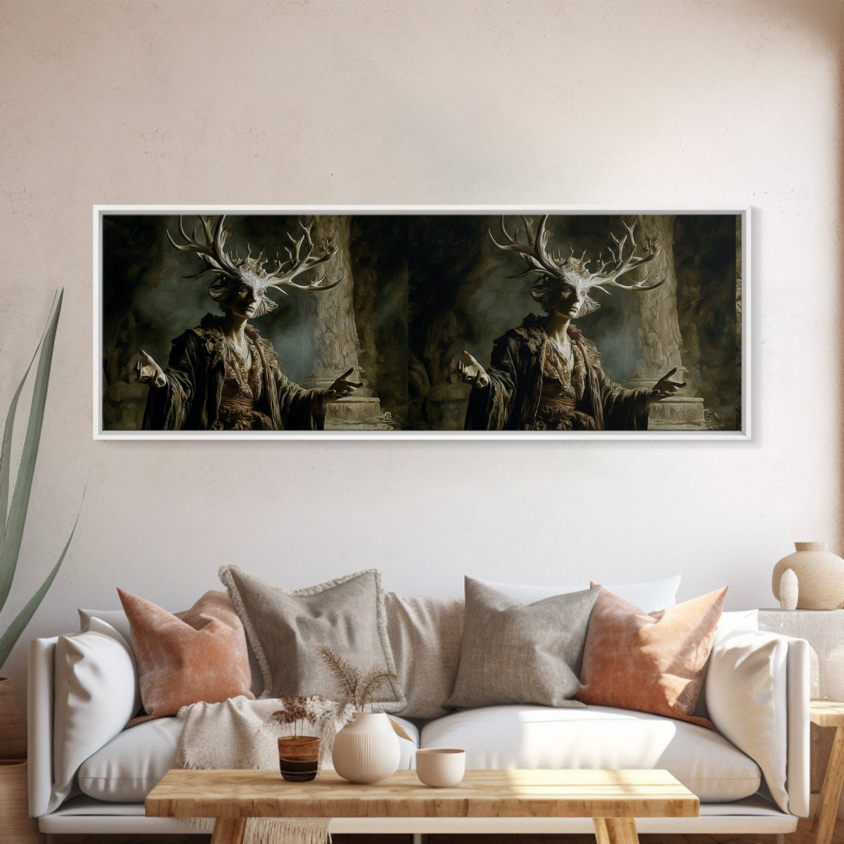 The Antlered Forest Spirit, Gothic Nightmare Art, Extra Wide Wall Art, Dark Fantasy Wall Art, Framed Canvas Print, Halloween Wall Art