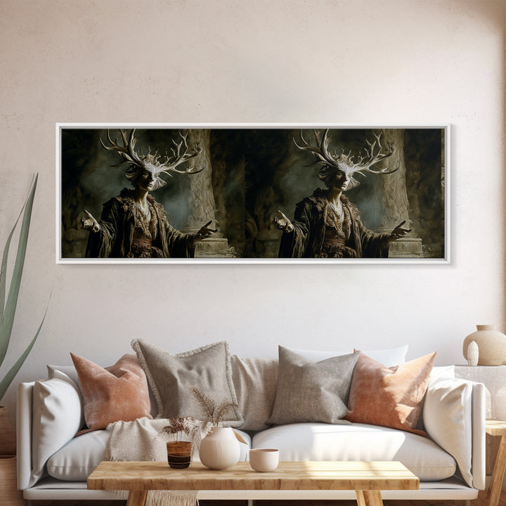 The Antlered Forest Spirit, Gothic Nightmare Art, Extra Wide Wall Art, Dark Fantasy Wall Art, Framed Canvas Print, Halloween Wall Art