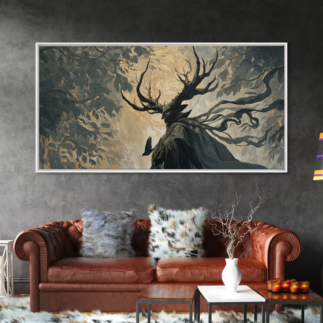 The Antlered Forest Spirit, Visionary Gothic Art, Wide Panoramic Art, Dark Fantasy Wall Art, Canvas Print, Halloween Wall Art