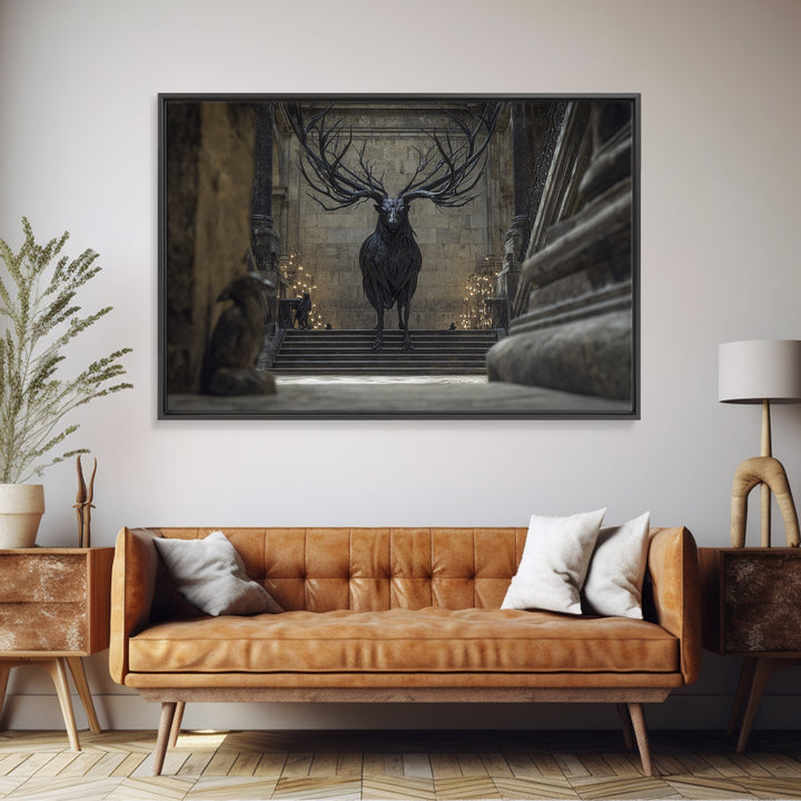 The Antlered Forest Spirit, Architectural Etching Art, Landscape Wall Art, Dark Fantasy Wall Art, Canvas Print