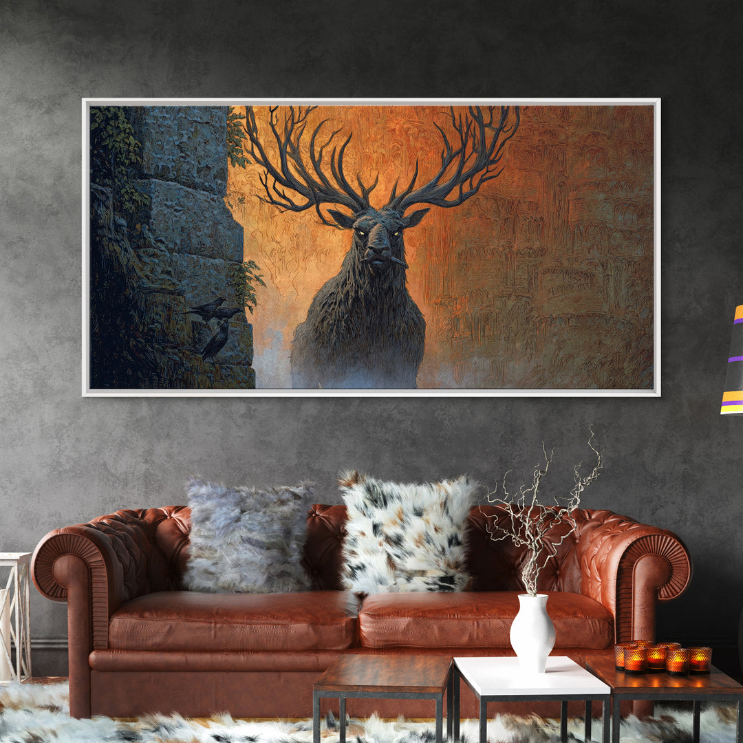 The Antlered Forest Spirit, Apocalyptic Romantic Art, Wide Panoramic Art, Gothic Horror Wall Art, Canvas Print, Halloween Wall Art