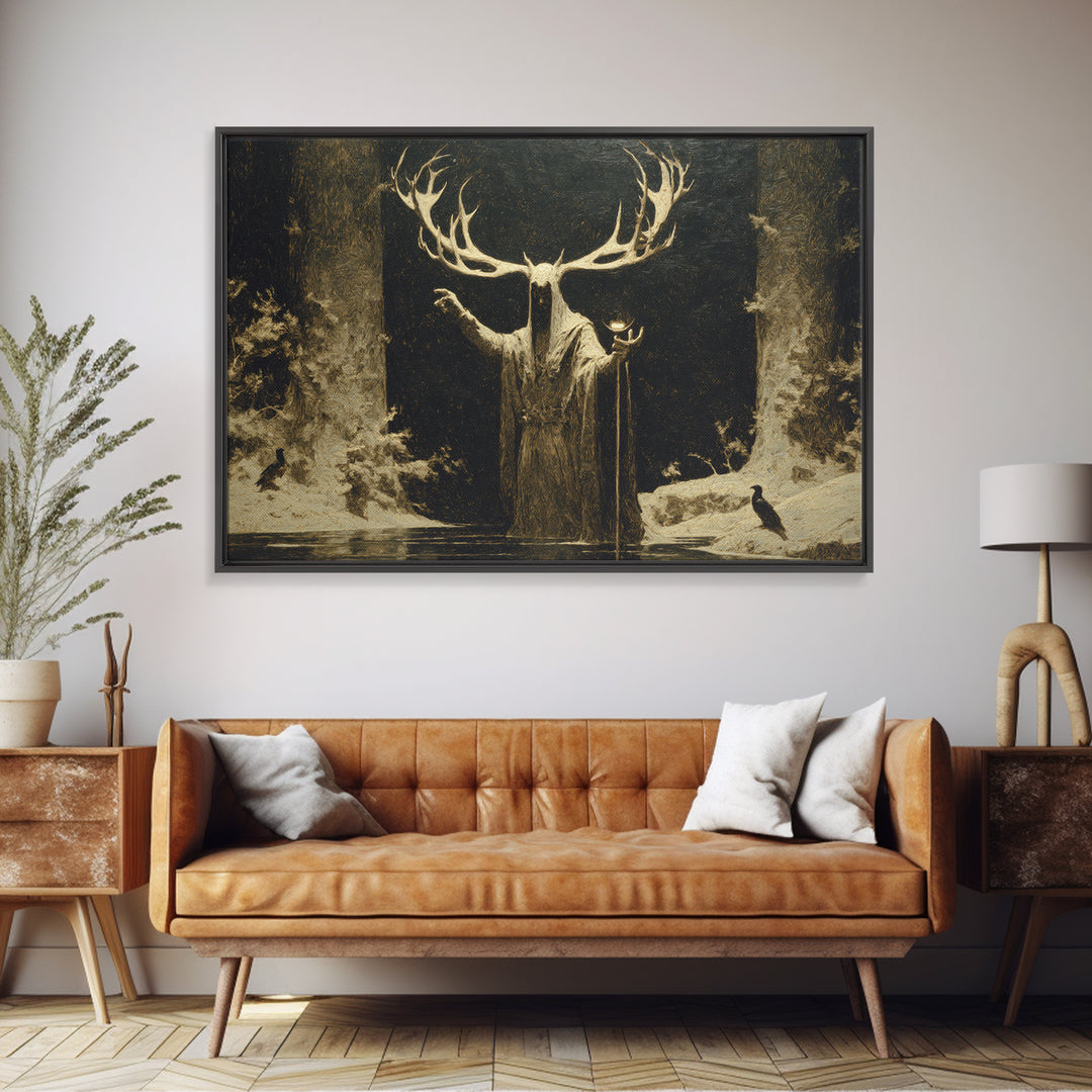 The Antlered Forest Spirit, Symbolist Gothic Landscape, Landscape Wall Art, Dark Fantasy Wall Art, Framed Canvas Print, Halloween Wall Art