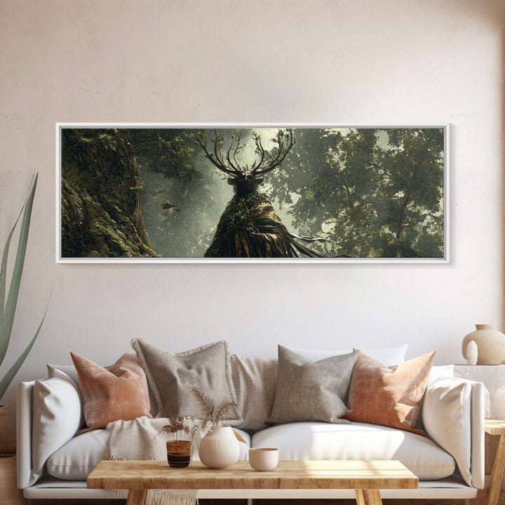 The Antlered Forest Spirit, Ornate Symbolist Art, Extra Wide Wall Art, Macabre Wall Art, Framed Canvas Print, Halloween Wall Art