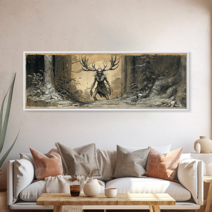 The Antlered Forest Spirit, Decadent Gothic Art, Extra Wide Wall Art, Macabre Wall Art, Framed Canvas Print, Halloween Wall Art