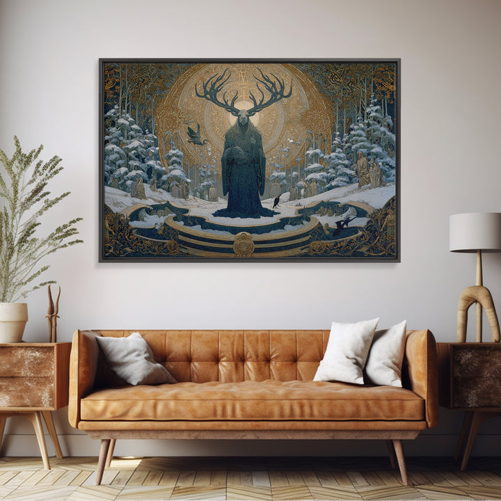 The Antlered Forest Spirit, Symbolist Death Art, Landscape Wall Art, Macabre Wall Art, Framed Canvas Print, Halloween Wall Art