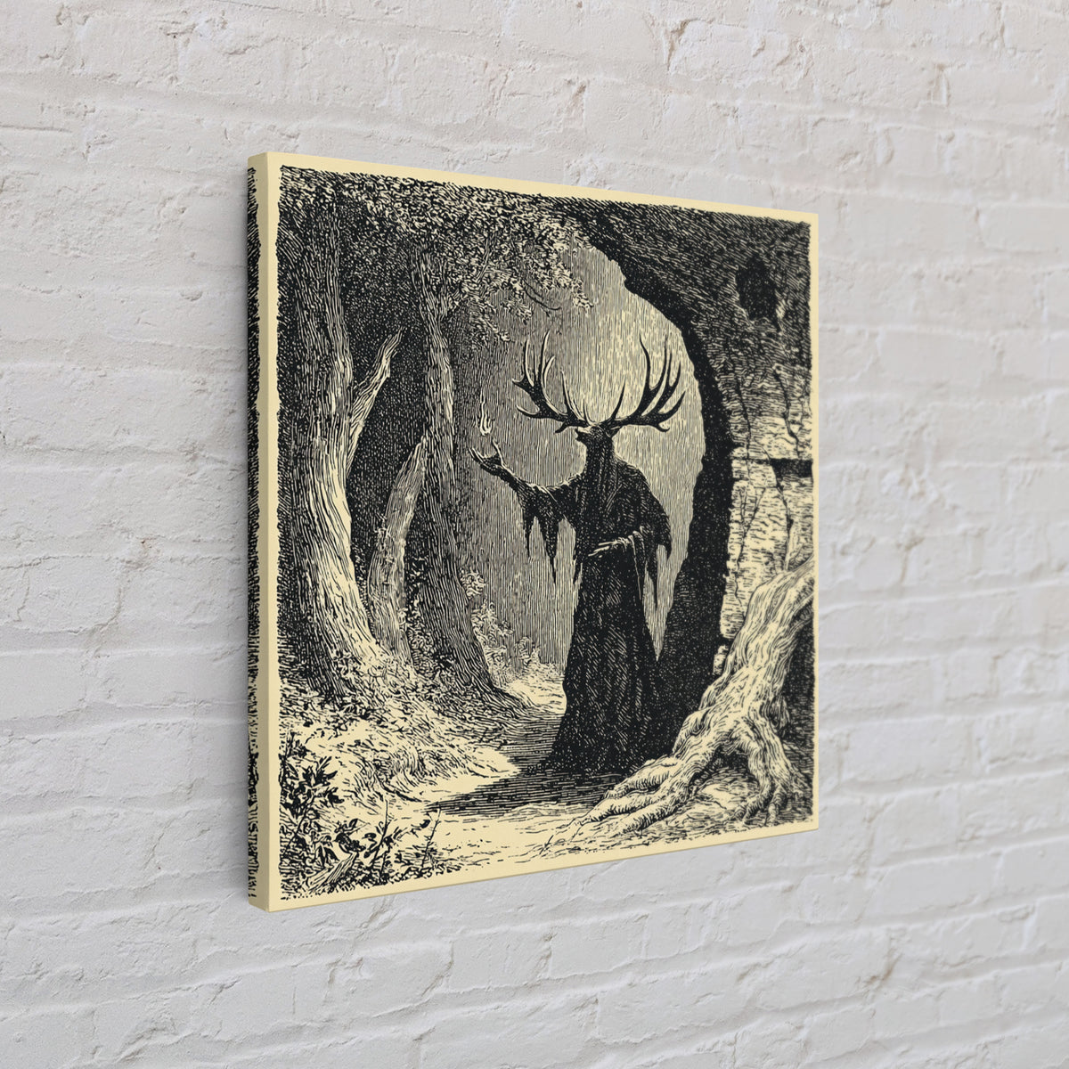 The Antlered Forest Spirit, Symbolist Etching Art, Square Wall Art, Dark Halloween Decor, Framed Canvas Print, Halloween Wall Art