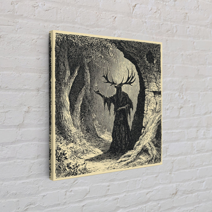 The Antlered Forest Spirit, Symbolist Etching Art, Square Wall Art, Dark Halloween Decor, Framed Canvas Print, Halloween Wall Art