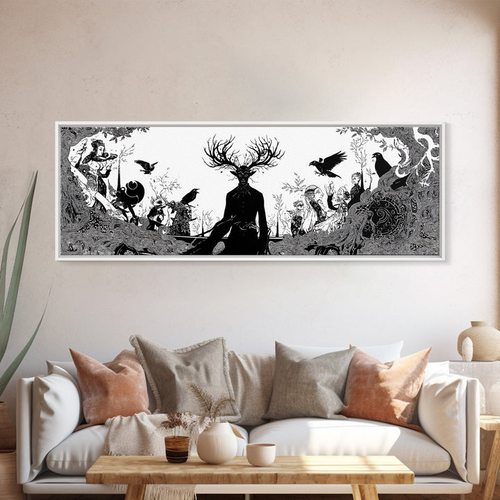 The Antlered Forest Spirit, Decadent Line Art, Extra Wide Wall Art, Dark Fantasy Wall Art, Canvas Print, Halloween Wall Art