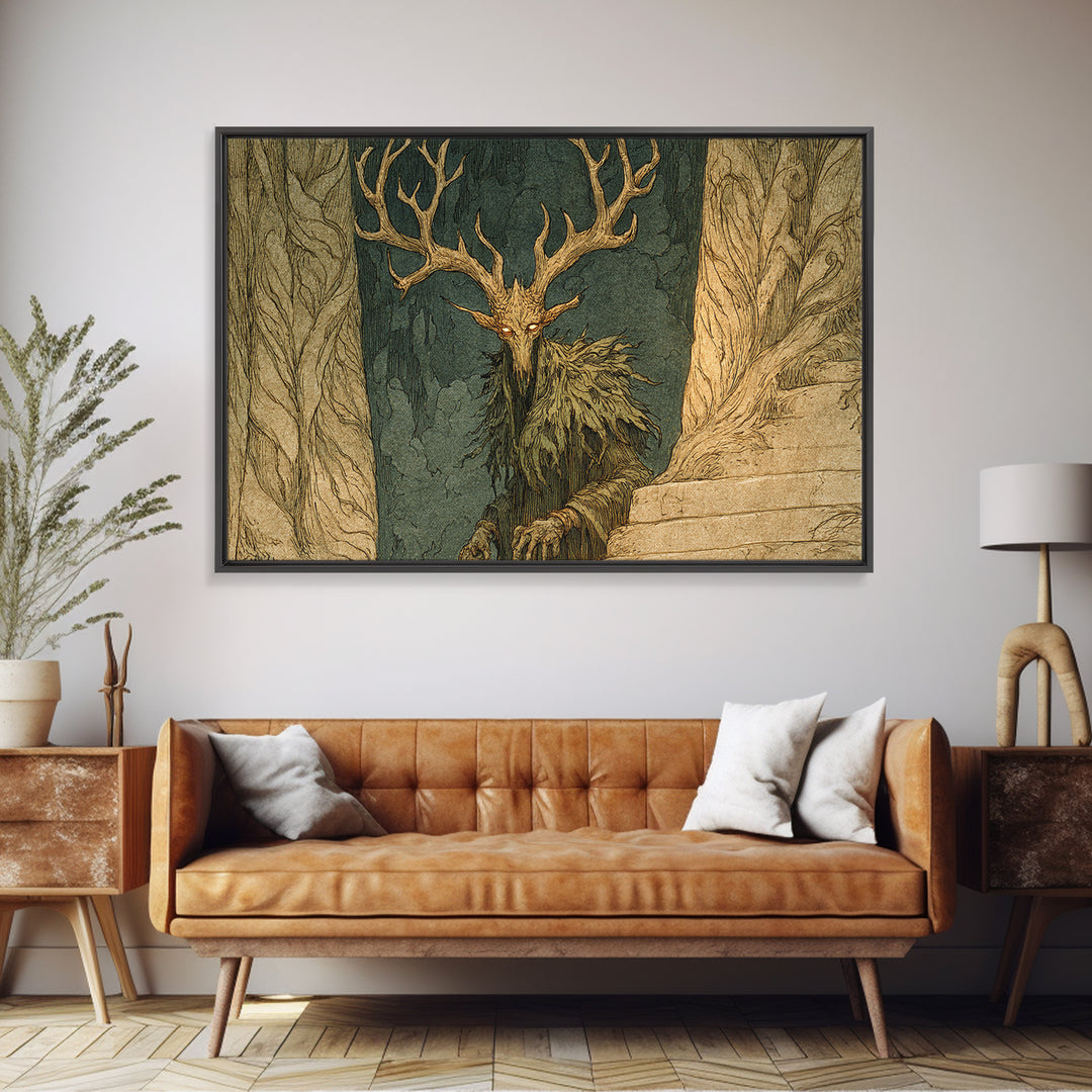 The Antlered Forest Spirit, Gothic Storybook Art, Landscape Wall Art, Dark Halloween Decor, Canvas Print, Halloween Wall Art