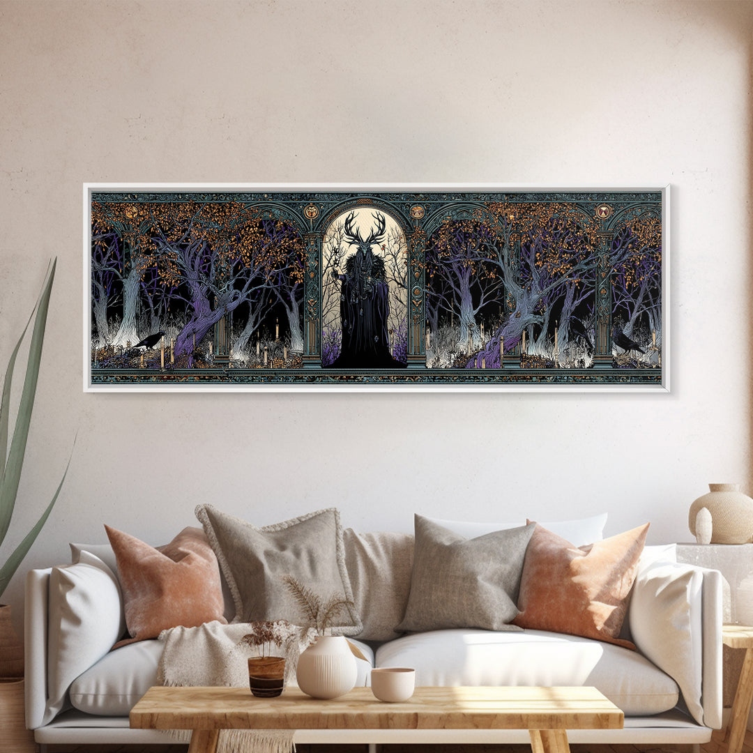 The Antlered Forest Spirit, Stained Glass Gothic Art, Extra Wide Wall Art, Dark Fantasy Wall Art, Framed Canvas Print, Halloween Wall Art