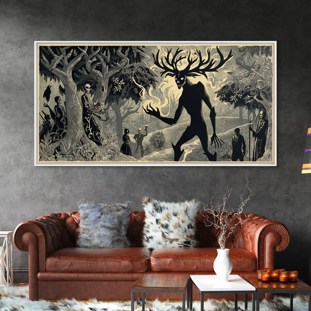 The Antlered Forest Spirit, Macabre Folk Print Art, Wide Panoramic Art, Dark Fantasy Wall Art, Canvas Print, Halloween Wall Art