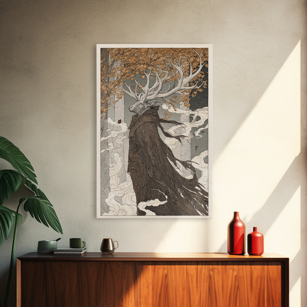 The Antlered Forest Spirit, Victorian Macabre Art, Vertical Wall Art, Gothic Horror Wall Art, Framed Canvas Print, Halloween Wall Art