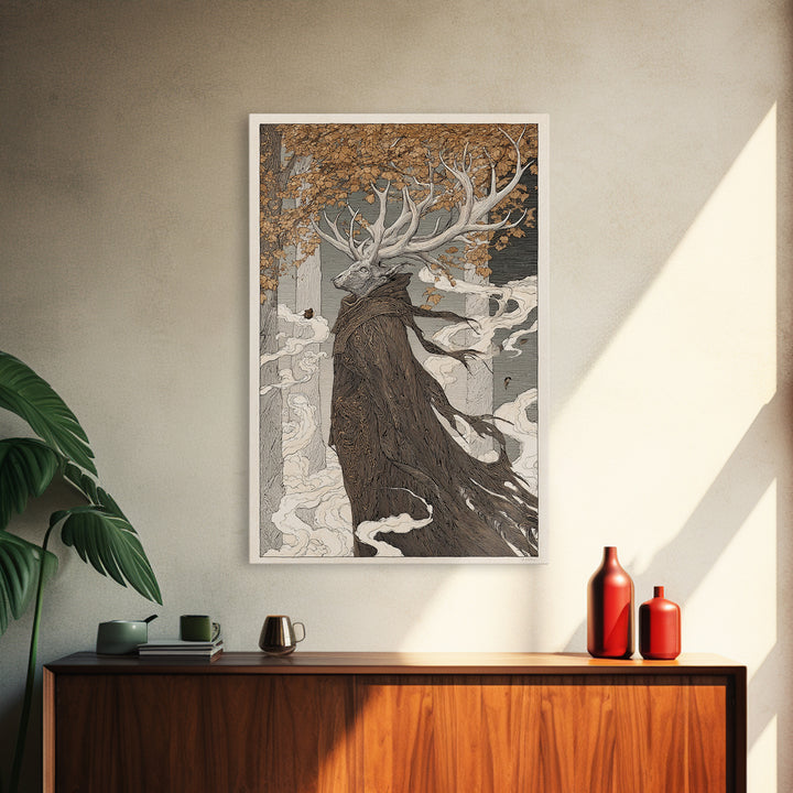 The Antlered Forest Spirit, Victorian Macabre Art, Vertical Wall Art, Gothic Horror Wall Art, Framed Canvas Print, Halloween Wall Art
