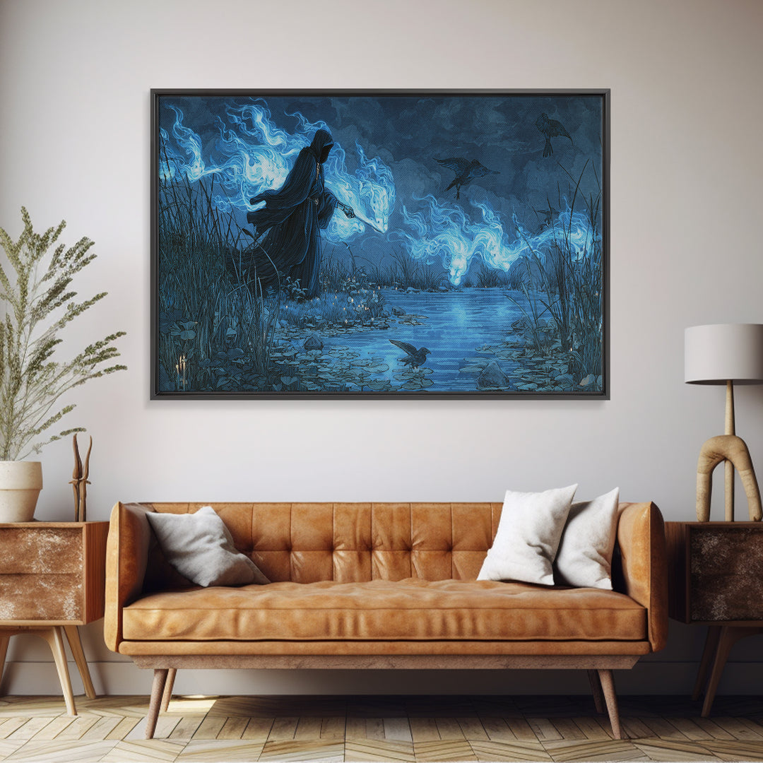 The Will-O'-The-Wisp Shepherd, Visionary Gothic Art, Wide Panoramic Art, Dark Halloween Decor, Canvas Print, Halloween Wall Art