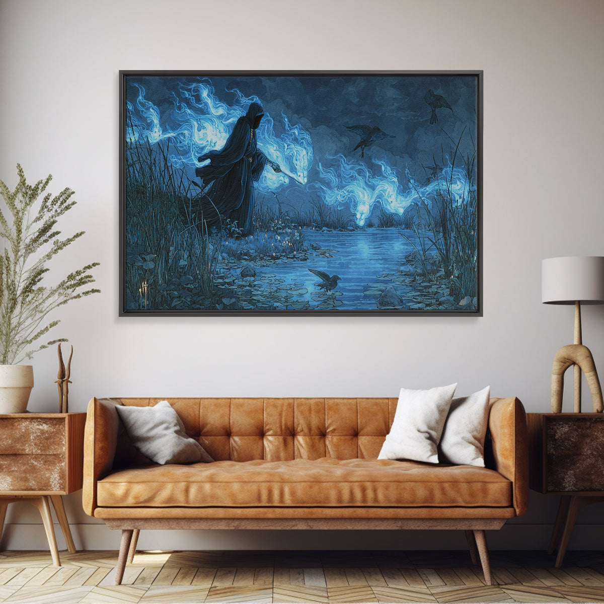 The Will-O'-The-Wisp Shepherd, Visionary Gothic Art, Wide Panoramic Art, Dark Halloween Decor, Canvas Print, Halloween Wall Art