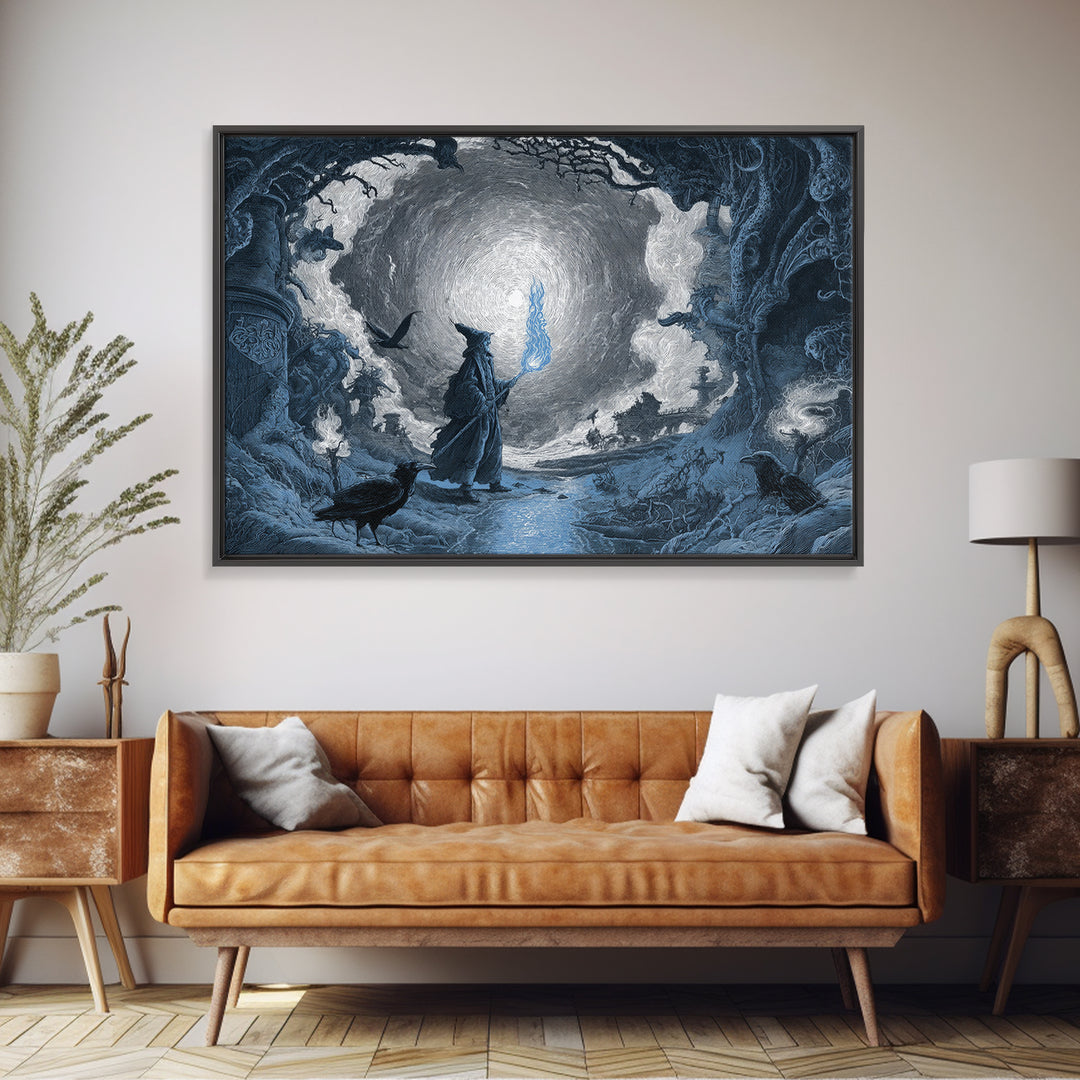 The Will-O'-The-Wisp Shepherd, Architectural Etching Art, Landscape Wall Art, Macabre Wall Art, Framed Canvas Print