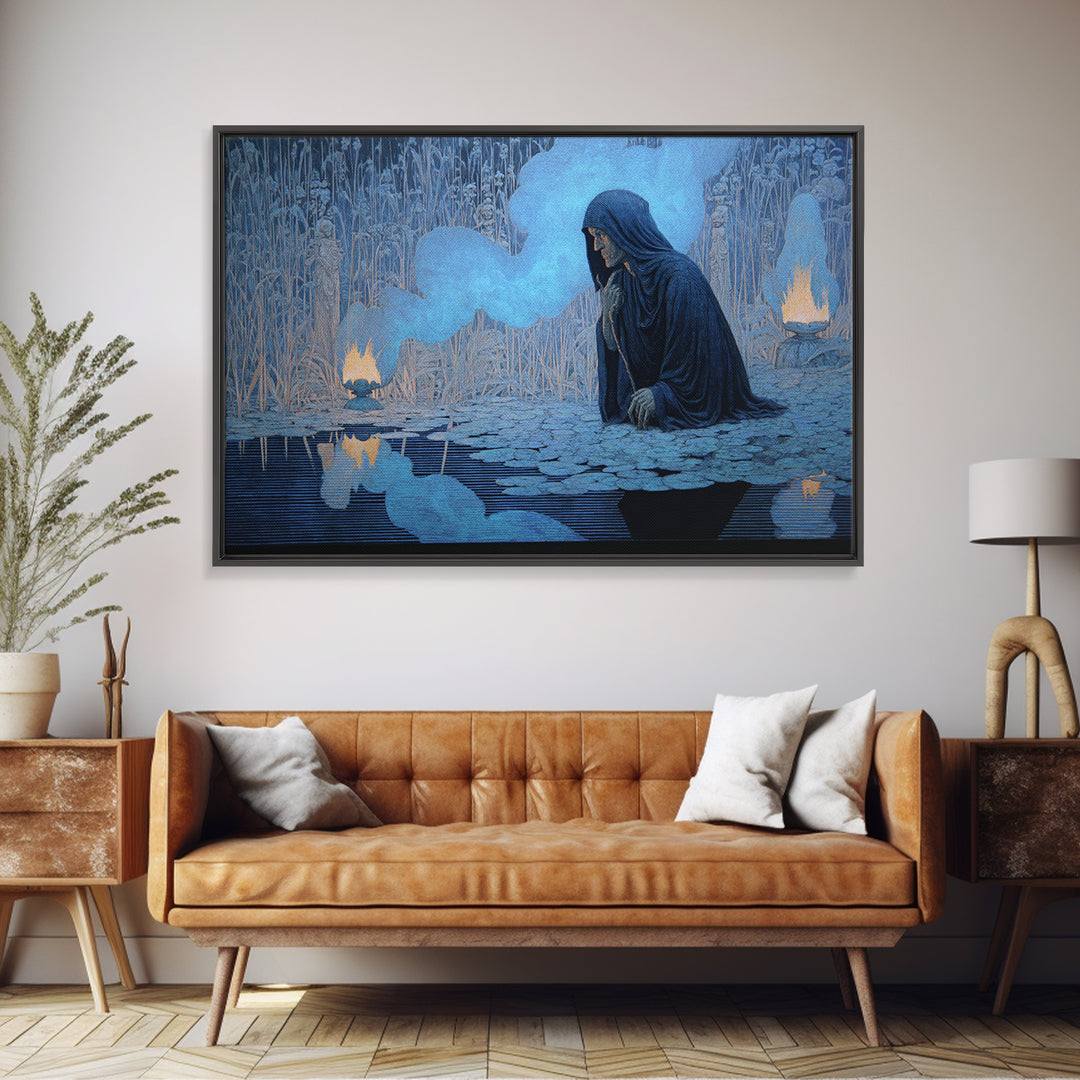 The Will-O'-The-Wisp Shepherd, Symbolist Death Art, Landscape Wall Art, Dark Halloween Decor, Canvas Print, Halloween Wall Art
