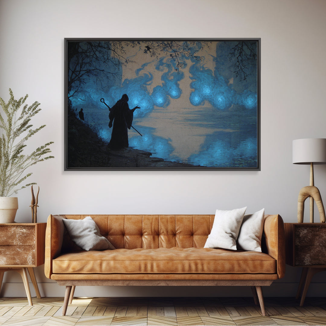 The Will-O'-The-Wisp Shepherd, Dark Symbolist Art, Landscape Wall Art, Macabre Wall Art, Framed Canvas Print, Halloween Wall Art