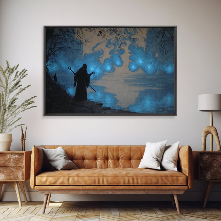 The Will-O'-The-Wisp Shepherd, Dark Symbolist Art, Landscape Wall Art, Macabre Wall Art, Framed Canvas Print, Halloween Wall Art