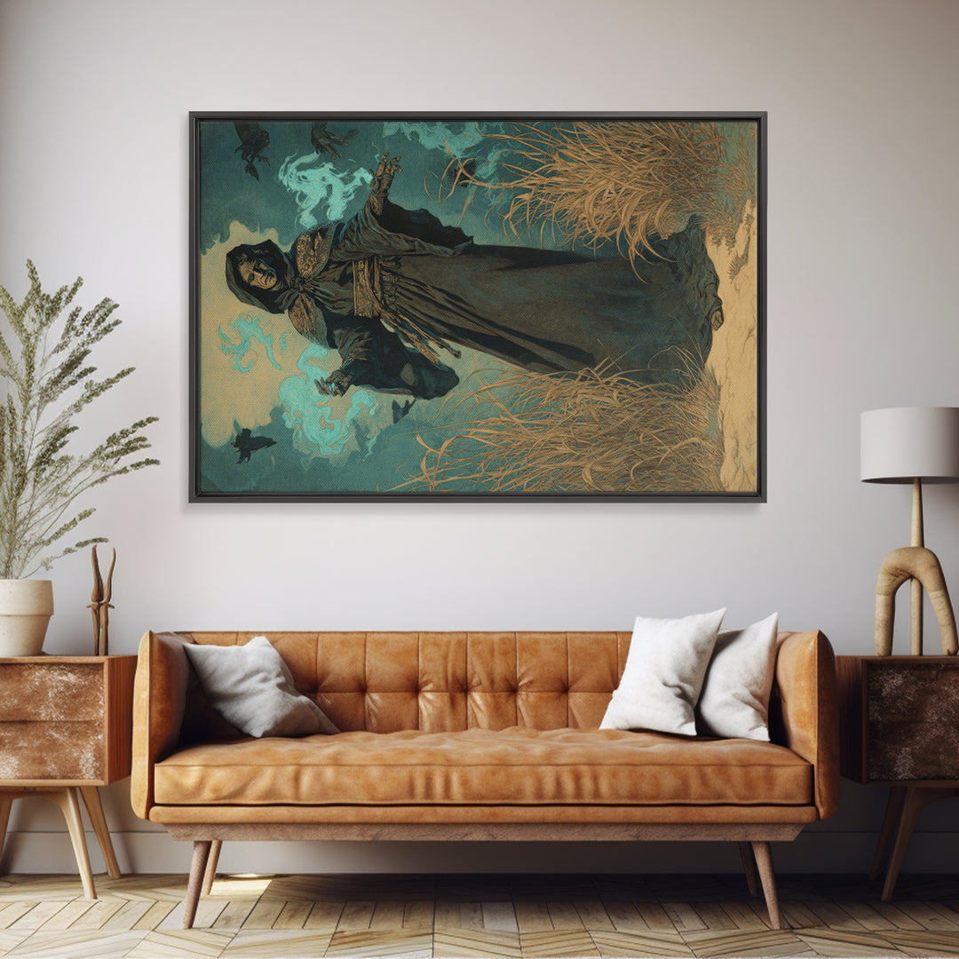 The Will-O'-The-Wisp Shepherd, Symbolist Etching Art, Landscape Wall Art, Dark Halloween Decor, Canvas Print, Halloween Wall Art