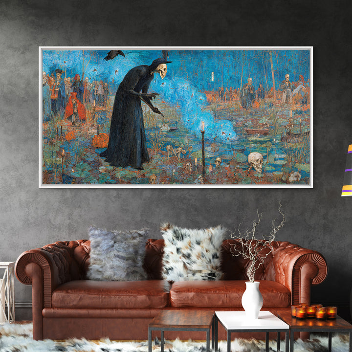 The Will-O'-The-Wisp Shepherd, Grotesque Carnival Art, Wide Panoramic Art, Dark Fantasy Wall Art, Framed Canvas Print, Halloween Wall Art